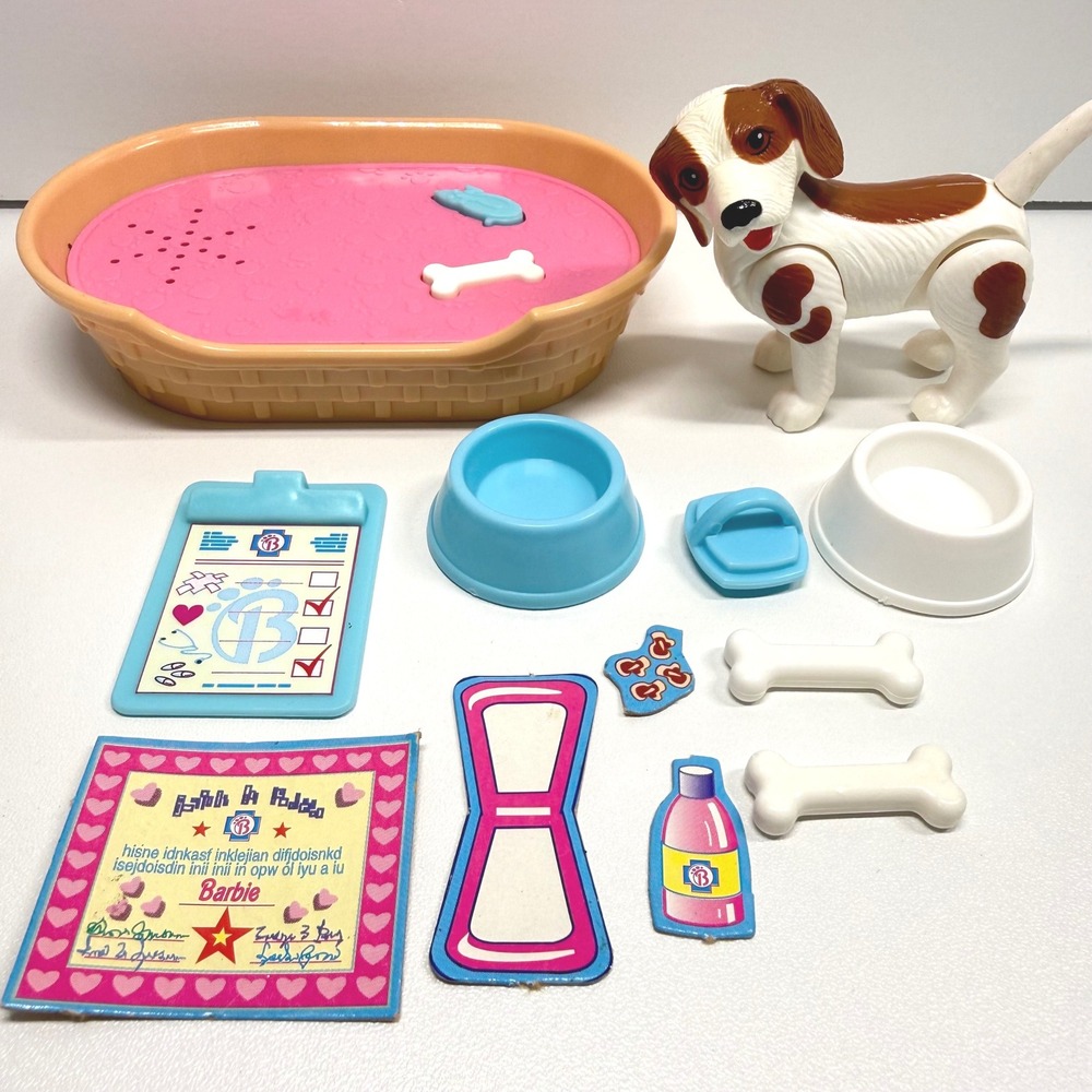 Vintage 1995 Mattel Pet Doctor Barbie Dog Care Play Set Bed Bowls 12 Accessories